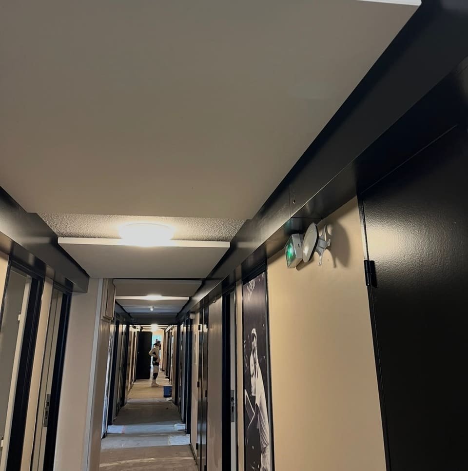 Couloir de résidence rénové à Bayonne : plafonds blancs, murs beiges et portes palières laquées noir